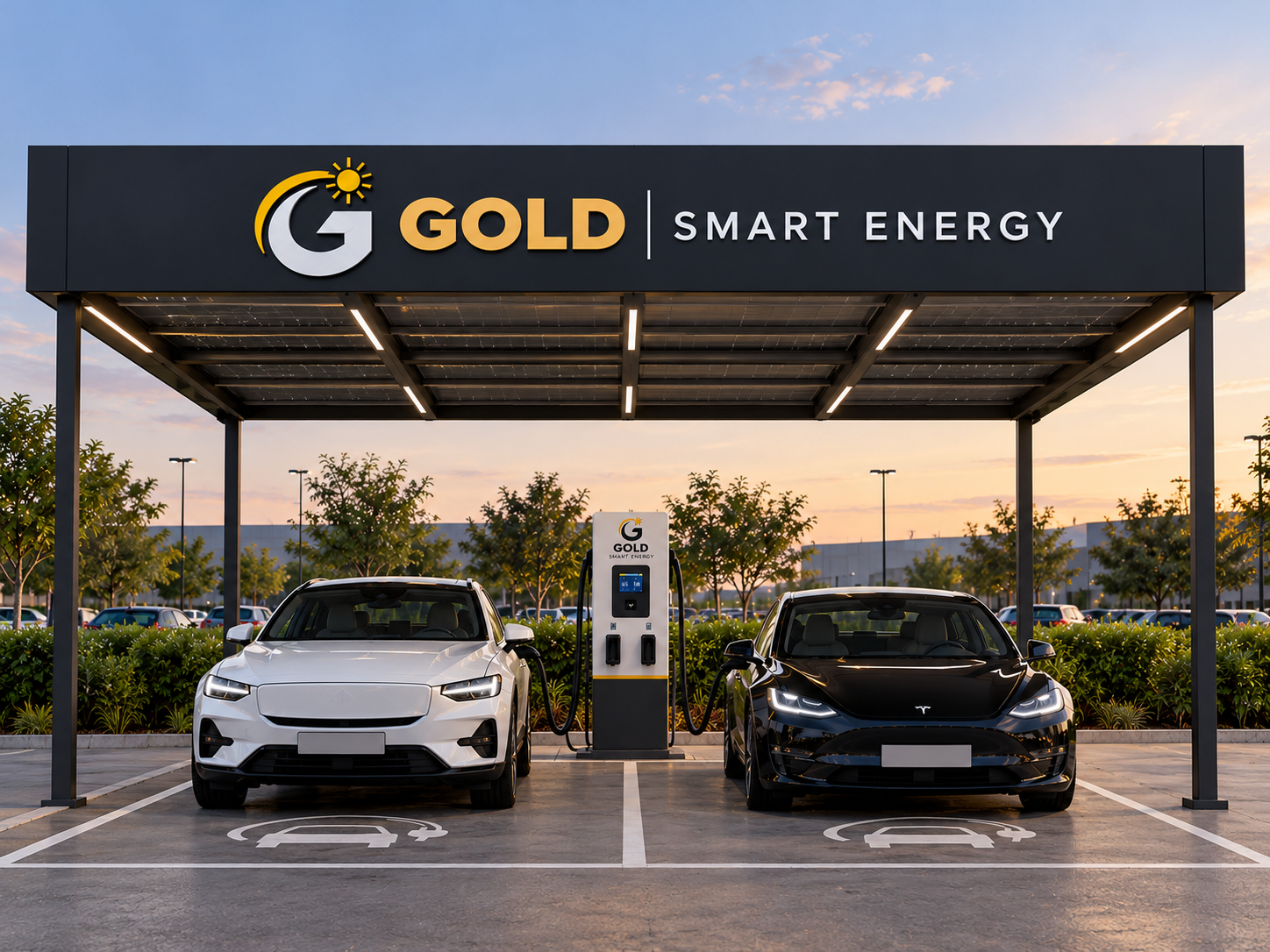 Referência visual do eletroposto Gold com cobertura e carregador